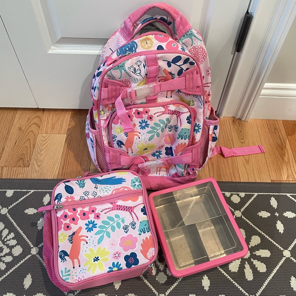 Pottery Barn Kids Pink Floral Backpack Set.